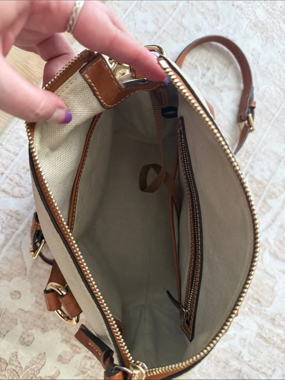 Dooney & Bourke Cream and Brown Pebbled Leather Satchel
